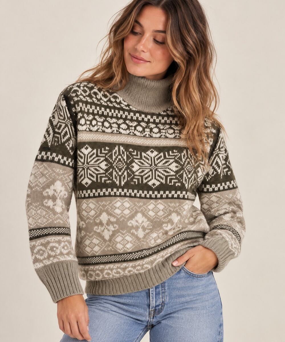 Vintage Tarazzia Fair Isle Snowflake Turtleneck Sweater Goblincore Earthy M